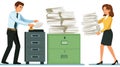 Office workers manage stacks of documents and filing cabinets, sorting paperwork. Royalty Free Stock Photo