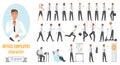 Office workers poses infographic set, young employee businessman character working