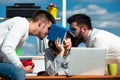 Office workers talking. Sad secretary, assistant and manager. Business team discuss at the outdoor. Boring meeting. Royalty Free Stock Photo