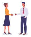 Office workers woman and man standing holding paper cups with drinks, coffee break, colleagues