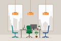 Office working place front view vector illustration. Flat style table, desk, green chair, computer, desktop isolated cityscape Royalty Free Stock Photo