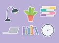 Office workplace clock books lamp laptop icons