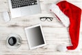 Office Workplace Coffee and Christmas Decoration. Business Holid Royalty Free Stock Photo