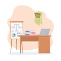 Office workplace desk boks board presentation and plant in wall Royalty Free Stock Photo