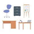 Office workplace desk lamp laptop chair cabinet and board presentation icons