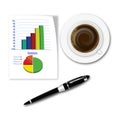 Office workplace with graph and cup of coffee Royalty Free Stock Photo