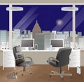 Office workplace interior design. Business objects, elements & equipment. Night sky.