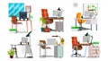 Office Workplace Interior Set Vector. Interior Of The Office Room, Creative Developer Studio. PC, Computer, Laptop Royalty Free Stock Photo