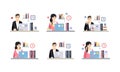 Office Workplace with Mal and Female Employees Set, Business People Characters Working Day Cartoon Vector Illustration Royalty Free Stock Photo