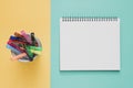 Office workplace minimal concept. Blank notebook, color pen box Royalty Free Stock Photo