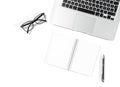 Office workplace minimal flat lay Laptop notebook glasses white