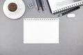 Office workplace with paper sheet, notepad, pencils and coffee c Royalty Free Stock Photo