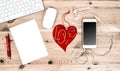 Office Workplace with Red Heart, Keyboard, Tablet PC, Phone