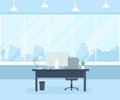 Office workplace with table, computer, window and lamp. Coworking office. Flat vector illustration.