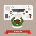 Office workplace table top view vector flat: manager, accountant Royalty Free Stock Photo