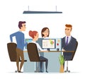 Office workplace team. Business managers male and female working and talking sitting table dialog of group people vector