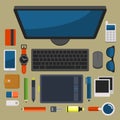 Office Workplace Top View in Flat Design Vector Royalty Free Stock Photo