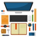Office Workplace Top View in Flat Design Vector Royalty Free Stock Photo