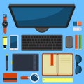 Office Workplace Top View in Flat Design Vector Royalty Free Stock Photo