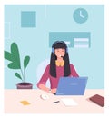 Office workplace with woman working in headset. Client support worker