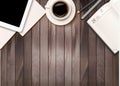 Office workspace background - coffee, tablet, notebooks