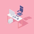 Office workspace. Computer, chair. Flat isometric vector illustration
