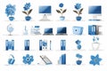 Office workspace elements icons set in simple vector illustration with blue flowers Royalty Free Stock Photo