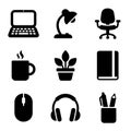 Office and workspace equipment solid black icon set on white background Royalty Free Stock Photo