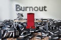 Office workspace with large chaotic pile of document ring binders and paperwork, burnout conceptual 3D Illustration