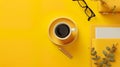 office workspace yellow desk table with laptop, coffee, mobile, notebook, plant. flat lay Royalty Free Stock Photo