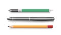 Office writing items. Realistic modern ball point pen and pencil with eraser set Royalty Free Stock Photo