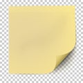 Office yellow paper sticker with curled the lower right corner and shadow isolated on transparent background. Template vector post