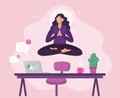 Office yoga. Employee levitating over workplace calming down stress. Woman relaxing during working time Royalty Free Stock Photo