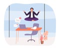 Office yoga. Employee sitting in lotus position. Worker levitating over desktop with laptop. Character receiving Royalty Free Stock Photo