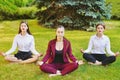 Office yoga. Three young girls in a lotus pose are sitting on green grass and meditate. Royalty Free Stock Photo