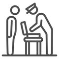 Officer examines suitcase line icon, security check concept, bag contents inspection vector sign on white background