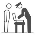 Officer examines suitcase solid icon, security check concept, bag contents inspection vector sign on white background