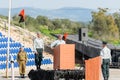 The officer of the IDF makes a speech on the podium at the formation in Engineering Corps Fallen Memorial Monument in Mishmar Davi