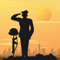 Officer military with helmet soldier in rifle sunset scene