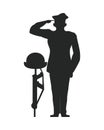Officer military saludating with helmet in rifle silhouette veterans day