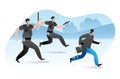 Officer policeman male character running pursue felon with stolen stuff, steal money cash flat vector illustration