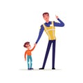 Officer of traffic police in uniform with high visibility vest and little boy holding hands, policeman character at work