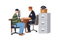 Officer and visitor at police office. Man making report, applying to policeman at desk. Cop in uniform sitting at table