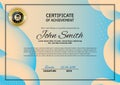 Official beige blue certificate with blue orange abstract gradient design elements, graduatioin cap. Afstract background