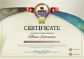 Official beige certificate with blue brown and education design elements, graduatioin cap, cup. Clean modern design