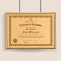 Official beige certificate with brown realistic border on white wall background. Realistic effect shadow. Cerrificate