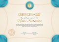 Official beige certificate with gold turquoise triangles. Business modern design. Gold emblem