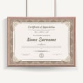 Official beige guilloche border for certificate. Vector illustration. Certificate in beige wooden frame hanging on wall