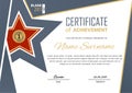 Official blue flat certificate with beige design elements and red star. Business modern design.