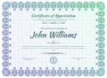 Official blue guilloche border for certificate. Vector illustration. Gradient blue green frame.